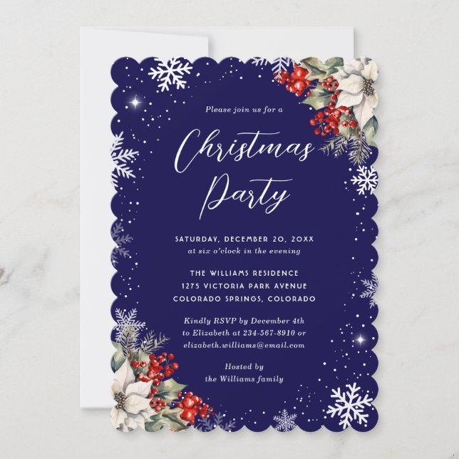 Invitación Fiesta de Navidad de copo de nieve botánico azul (Anverso)