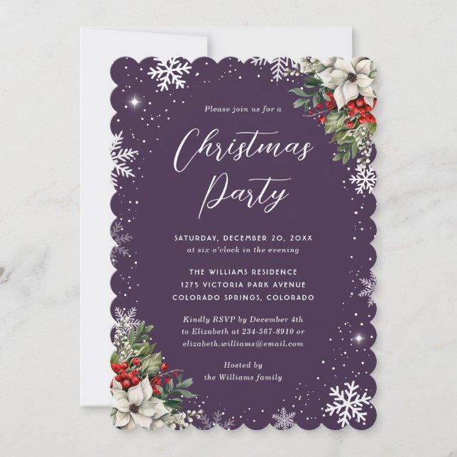 Invitación Fiesta de Navidad de copo de nieve botánico morado (Anverso)