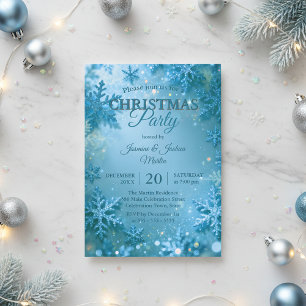 Invitación Fiesta de Navidad de copo de nieve con brillo azul