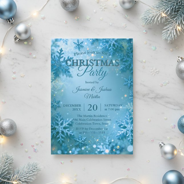 Invitación Fiesta de Navidad de copo de nieve con brillo azul (Subido por el creador)