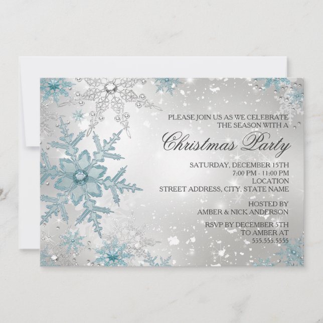 Invitación Fiesta de Navidad de Copo de Nieve de Cristal Azul (Anverso)