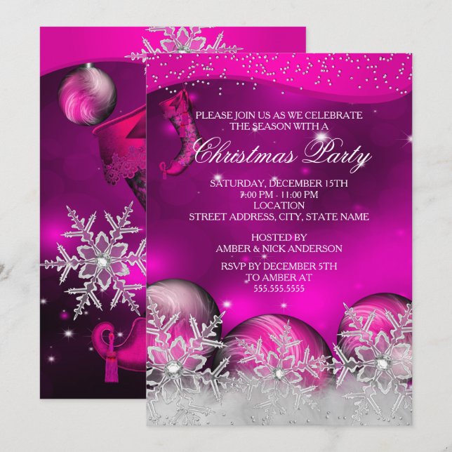 Invitación Fiesta de Navidad de copo de nieve de cristal rosa (Anverso / Reverso)