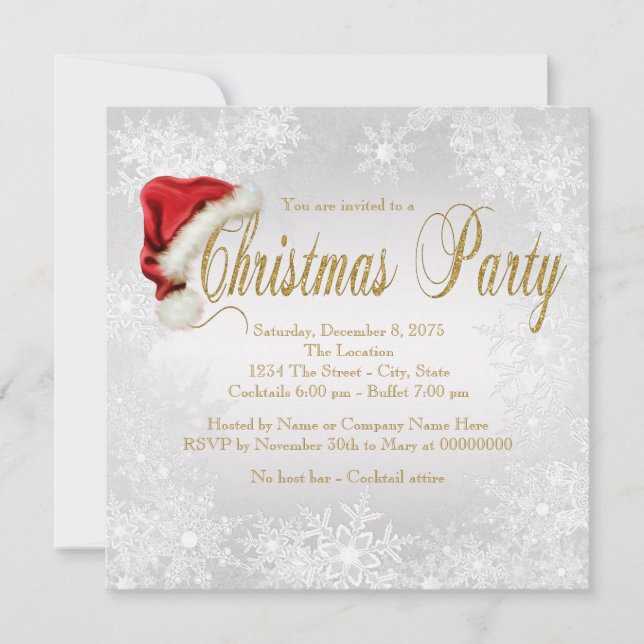 Invitación Fiesta de Navidad de copo de nieve de oro plateado (Anverso)