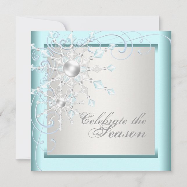 Invitación Fiesta de Navidad de copos de nieve azul turquesa  (Anverso)