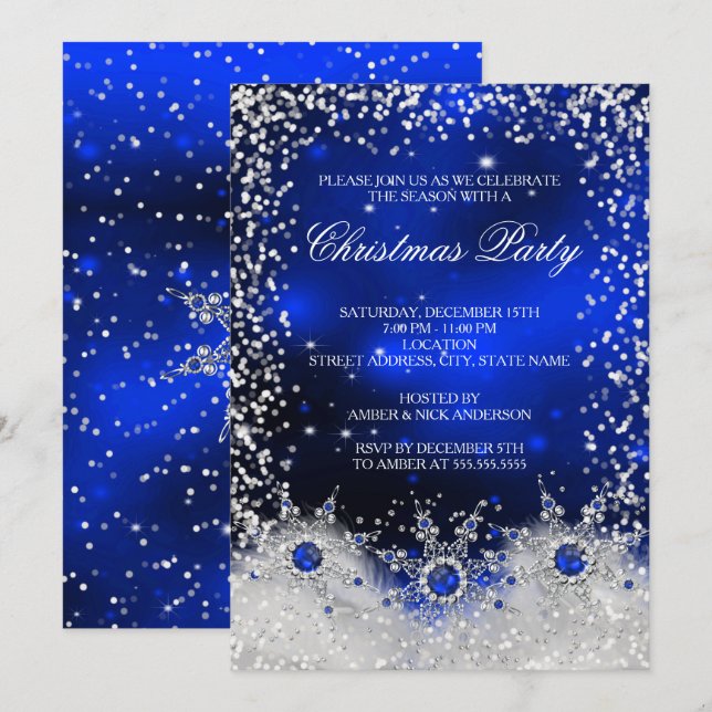 Invitación Fiesta de Navidad de copos de nieve azules (Anverso / Reverso)