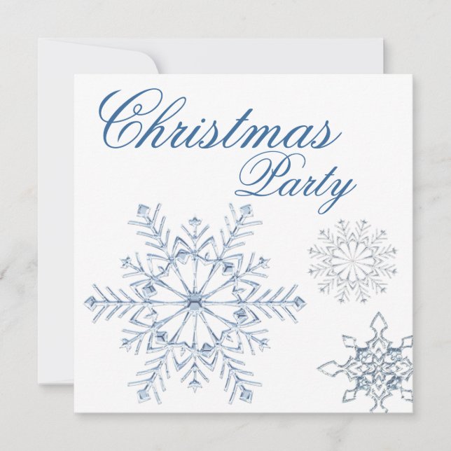 Invitación Fiesta de Navidad de copos de nieve azules y blanc (Anverso)