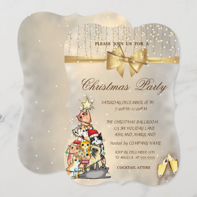 Invitación Fiesta de Navidad de copos de nieve, lazo, gatos d (Anverso / Reverso)