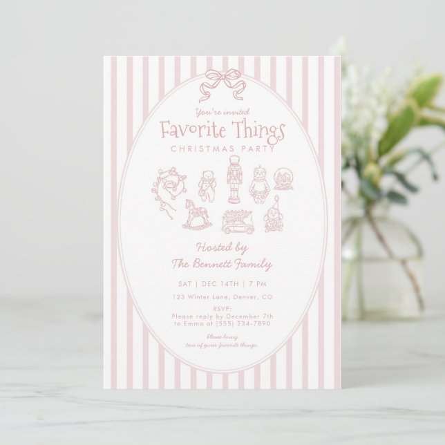 Invitación Fiesta de Navidad de Cosas Favoritas Rosa Capricho (Anverso de pie)