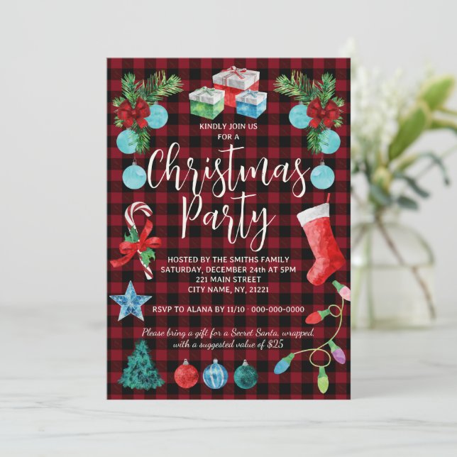 Invitación Fiesta de Navidad de Cuadro Rojo (Anverso de pie)