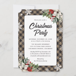 Invitación Fiesta de Navidad de Cuadros de Poinsettia y Bayas