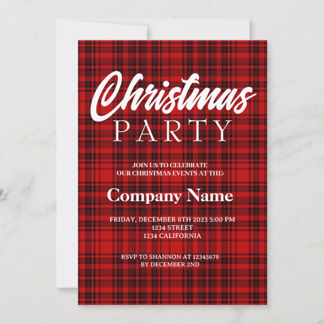 Invitación Fiesta de Navidad de cuadros rojos negros y blanco (Anverso)