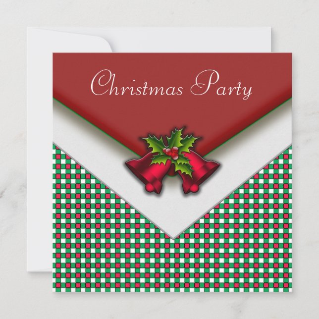 Invitación Fiesta de Navidad de cuadros rojos y verdes Campan (Anverso)