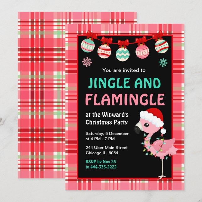 Invitación Fiesta de Navidad de Flamingo Holiday (Anverso / Reverso)