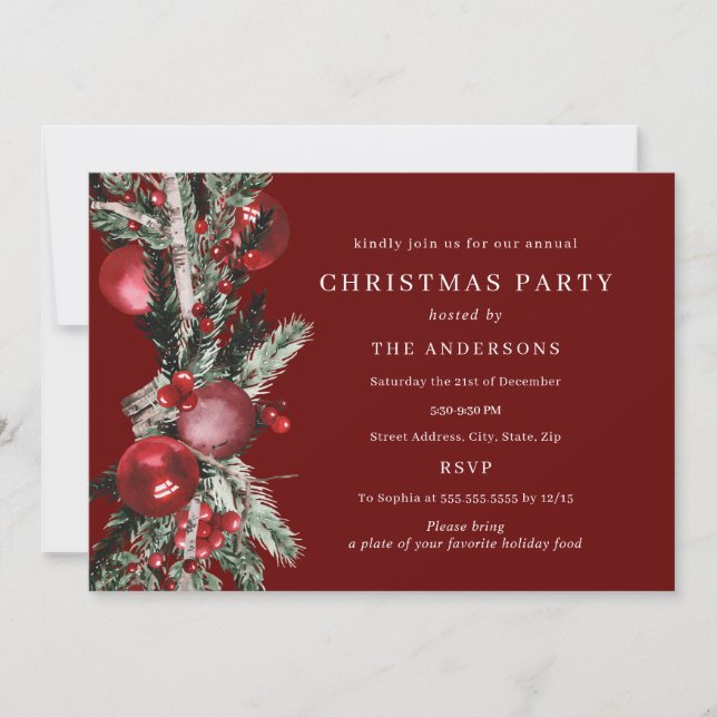 Invitación Fiesta de Navidad de Follaje Tradicional Rojo (Anverso)
