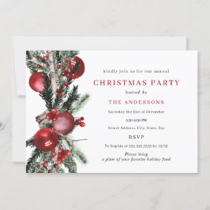 Invitación Fiesta de Navidad de Follaje Tradicional Rojo Verd