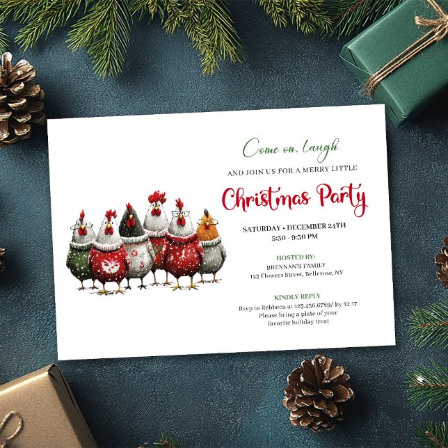 Invitación Fiesta de Navidad de Gallinas Rojas y Verdes Capri (Whimsical Red Green Chickens Christmas Party Invite)