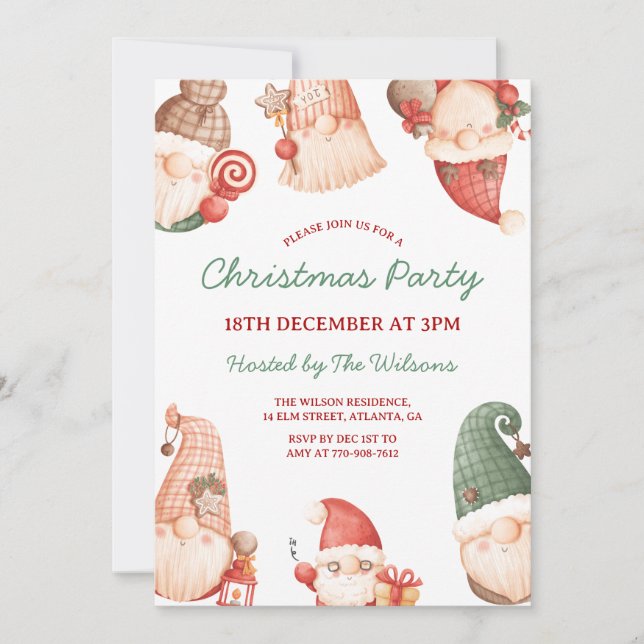 Invitación Fiesta de Navidad de Gnomos Lindos (Anverso)