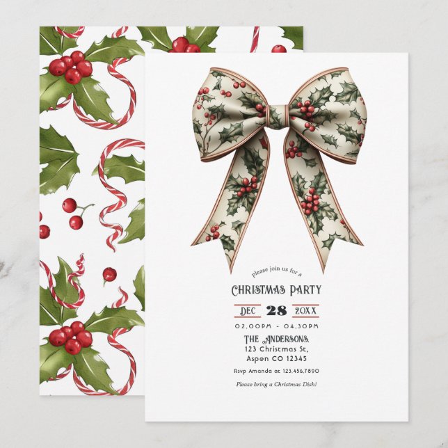 Invitación Fiesta de Navidad de Holly Bow Holiday (Anverso / Reverso)