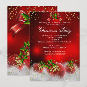 Invitación Fiesta de Navidad de Holly Rojo Dorado Verde