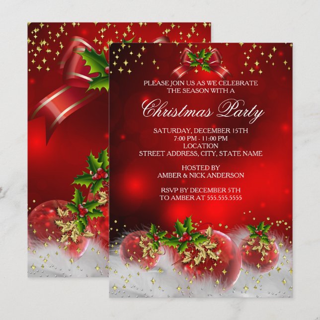 Invitación Fiesta de Navidad de Holly Rojo Dorado Verde (Anverso / Reverso)