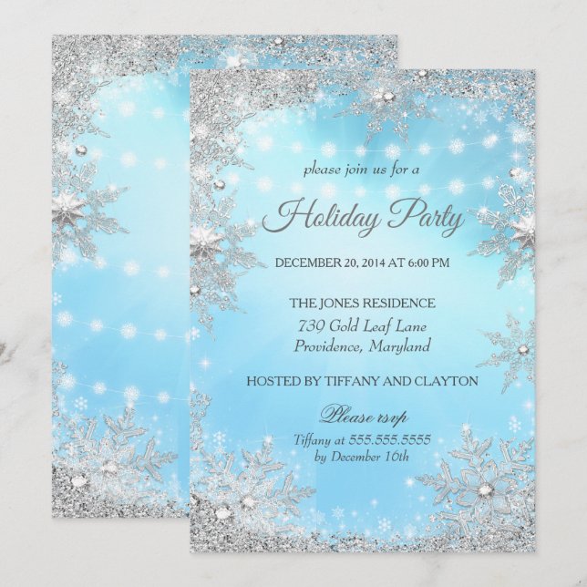 Invitación Fiesta de Navidad de invierno azul plateado (Anverso / Reverso)
