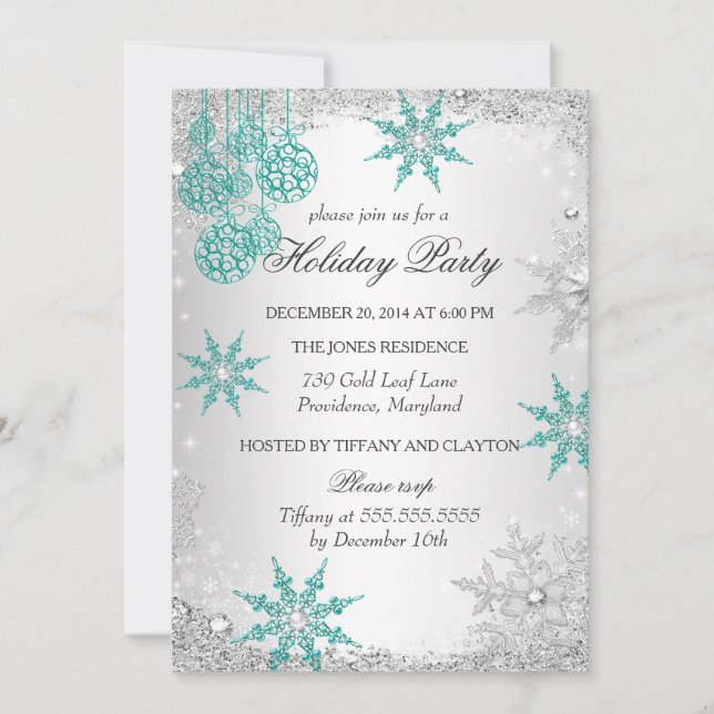 Invitación Fiesta de Navidad de invierno azul verdoso 4 (Anverso)