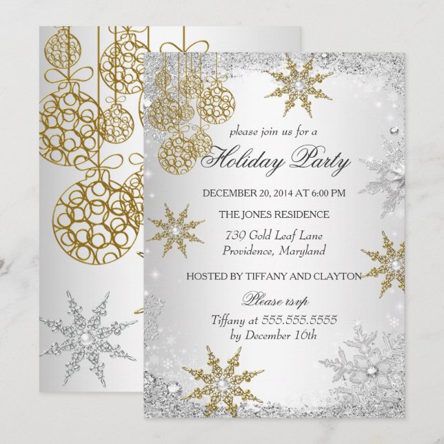 Invitación Fiesta de Navidad de Invierno Mágico de Oro 5 (Anverso / Reverso)