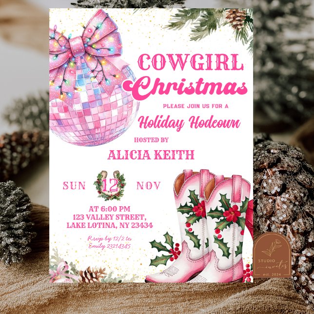 Invitación Fiesta de Navidad de invierno rosa para vaquera en (Subido por el creador)