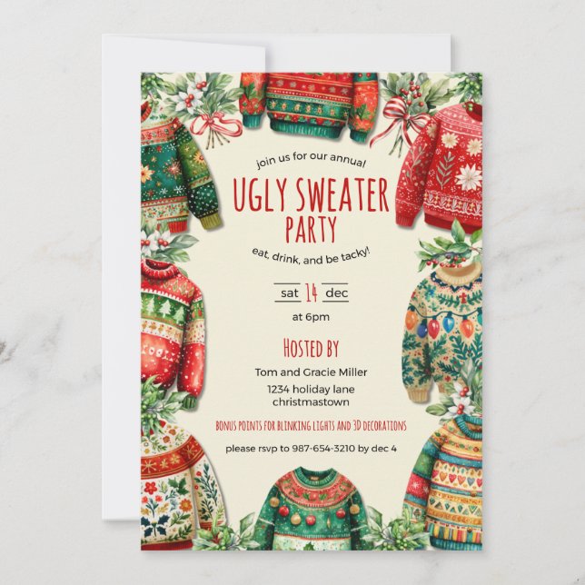 Invitación Fiesta de Navidad de Jersey Feo  (Anverso)