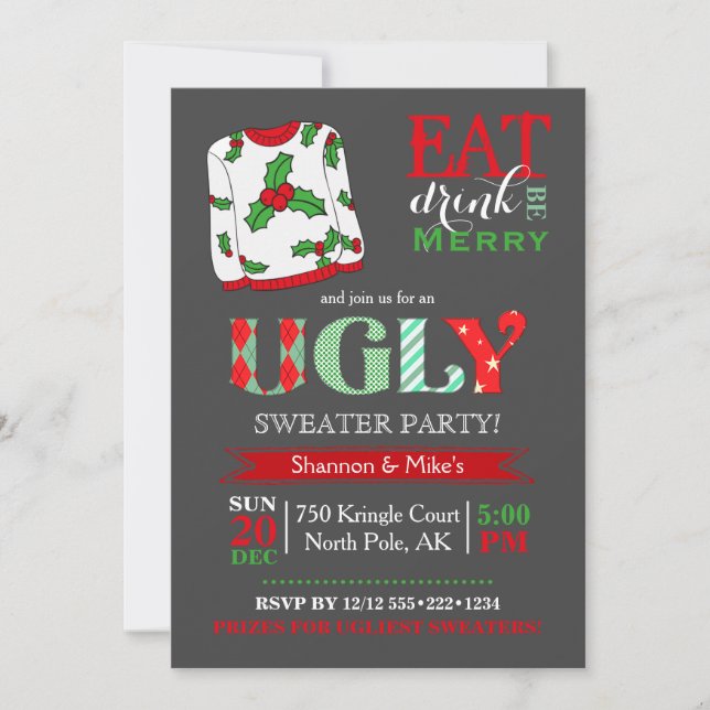 Invitación Fiesta de Navidad de Jersey Feo Pizarra (Anverso)