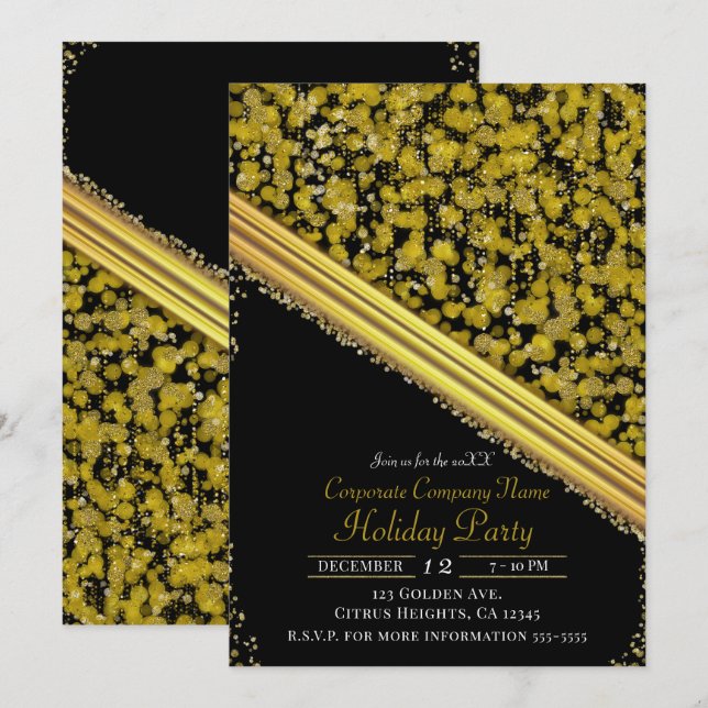 Invitación Fiesta de Navidad de la Compañía Gold & Black Eleg (Anverso / Reverso)