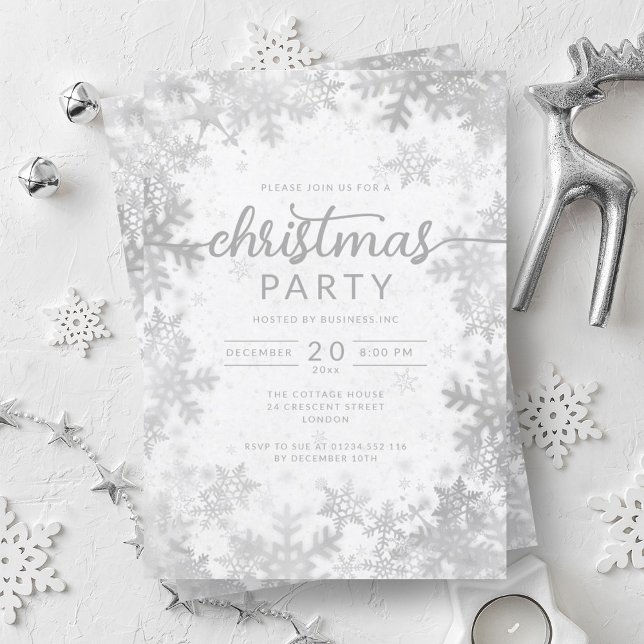Invitación Fiesta de Navidad de la Compañía Modern Silver Sno (Modern Silver Snowflakes Company Christmas Party Invitation)