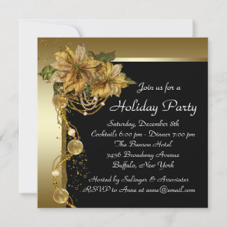 Invitación Fiesta de Navidad de la elegante poinsettia de oro
