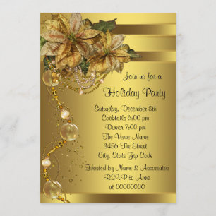 Invitación Fiesta de Navidad de la elegante poinsettia de oro