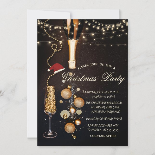 Invitación Fiesta de Navidad de la empresa con champán y luce (Anverso)