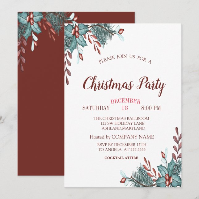 Invitación Fiesta de Navidad de la empresa de ramas de bayas  (Anverso / Reverso)