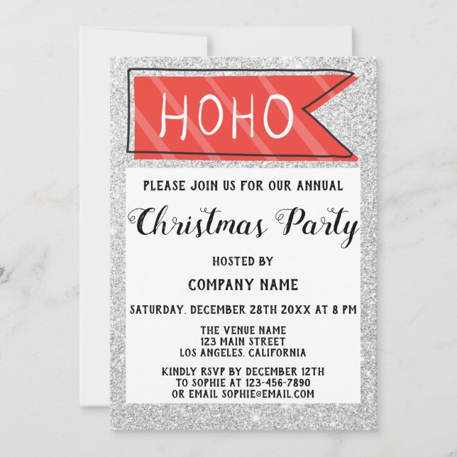 Invitación Fiesta de Navidad de la Empresa Rojo & Gris Brillo (Anverso)