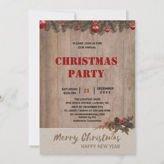Invitación Fiesta de Navidad de madera rústica de granja  (Anverso)