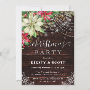Invitación Fiesta de Navidad de Madera Rústica y Flor de Noch