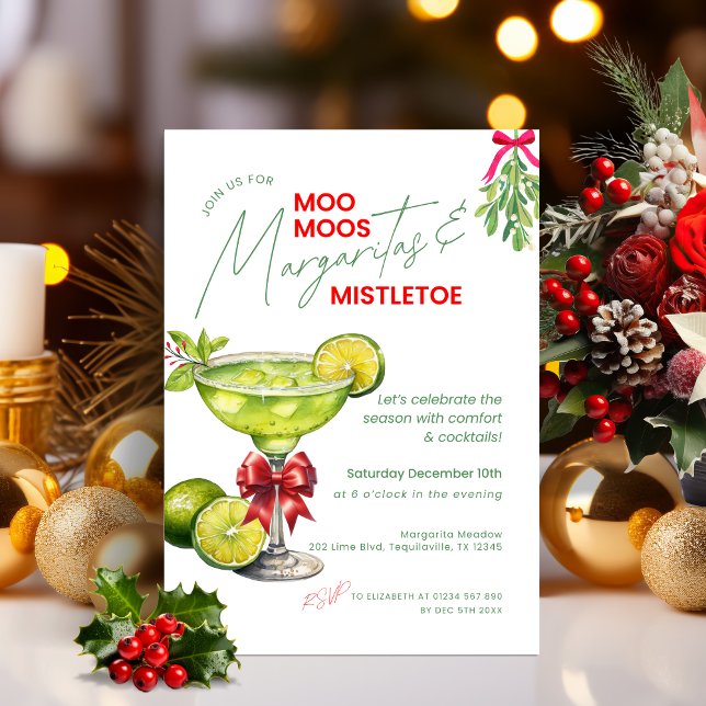 Invitación Fiesta de Navidad de MooMoos, Margaritas y Muérdag (MooMoos, Margaritas & Mistletoe Party Invitation)