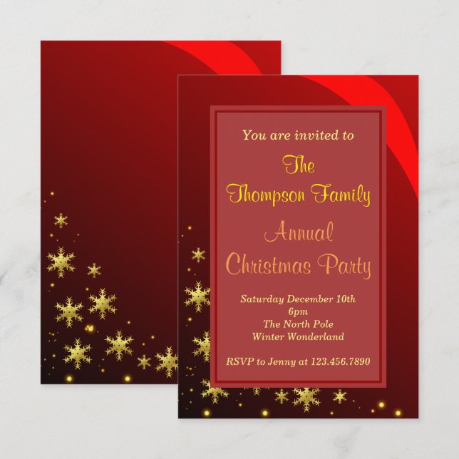 Invitación Fiesta de Navidad de Oro Rojo (Anverso / Reverso)