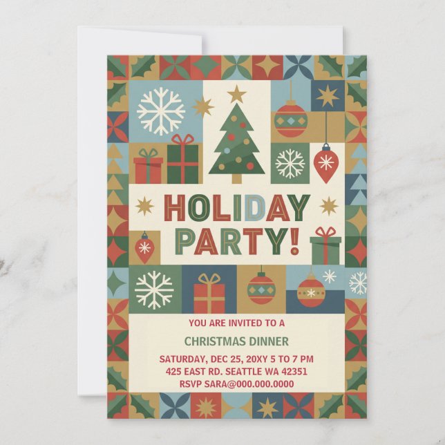 Invitación Fiesta de Navidad de Patchwork Abstracto (Anverso)