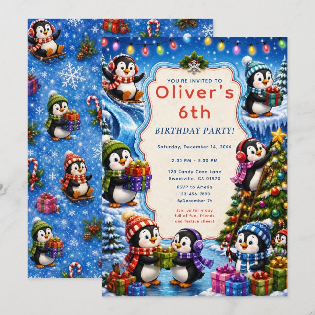 Invitación Fiesta de Navidad de Pingüino Adorable (Anverso / Reverso)