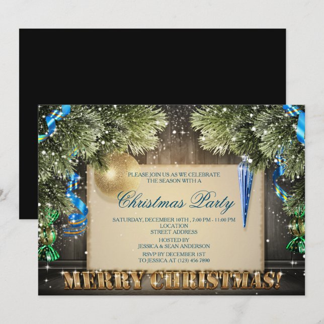 Invitación Fiesta de Navidad de Pino Decorado con Brillo (Anverso / Reverso)
