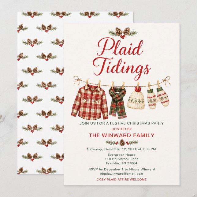 Invitación Fiesta de Navidad de Plaid Tidings (Anverso / Reverso)