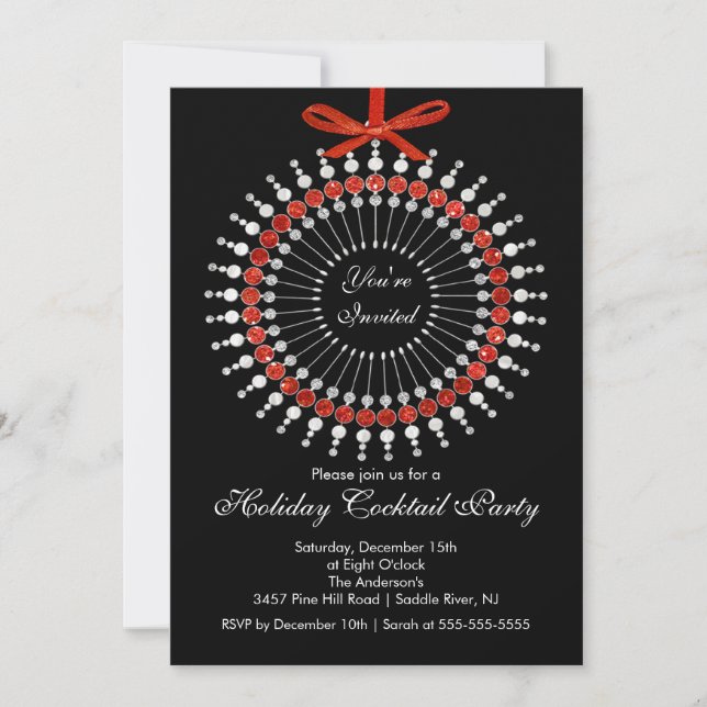 Invitación Fiesta de Navidad de plata y roja del cóctel del (Anverso)