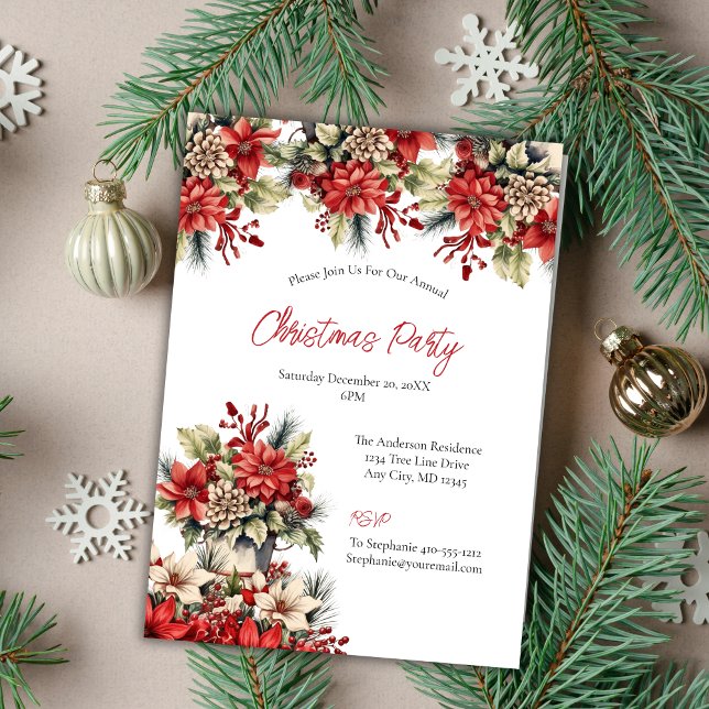Invitación Fiesta de Navidad de Poinsettia (Poinsettia Vintage Christmas Holiday party invitation)