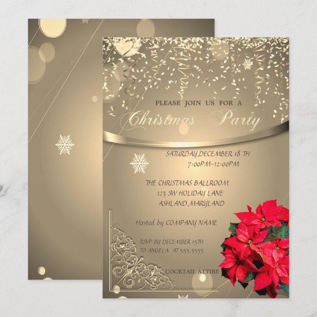 Invitación Fiesta de Navidad de Poinsettia, Confetti Company (Anverso / Reverso)