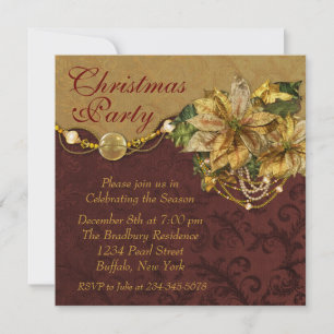 Invitación Fiesta de Navidad de poinsettia de oro rojo