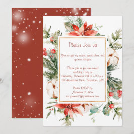 Invitación Fiesta de Navidad de Poinsettia Roja y Siempreverd